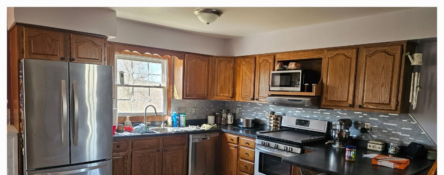 Kitchen cabinets before refinishing, wood finish