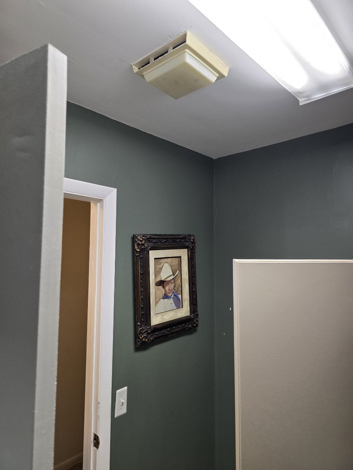 Freshly painted hallway in deep green with framed art