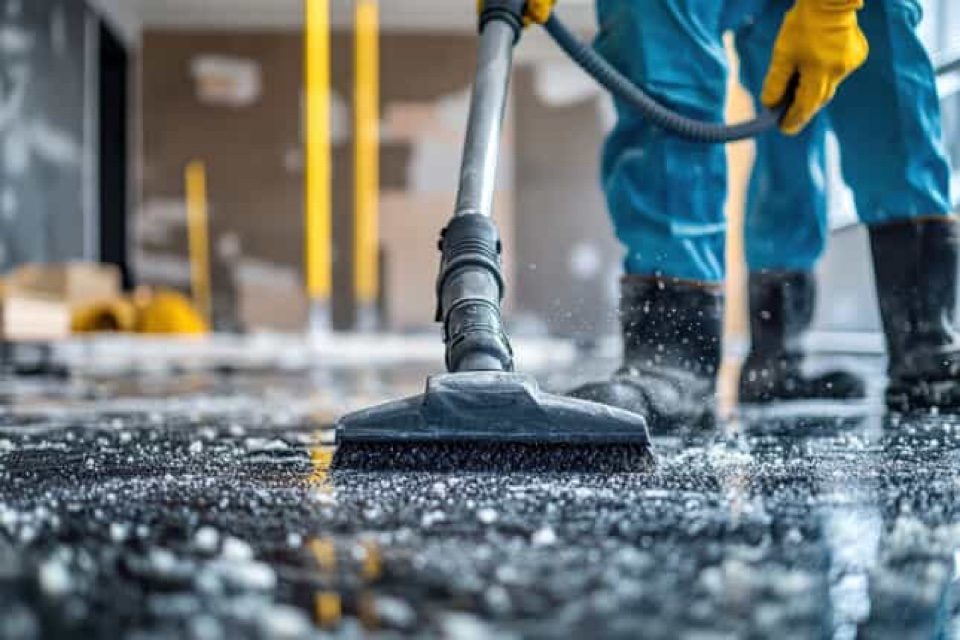 Worker vacuuming construction debris from a floor at a renovation site