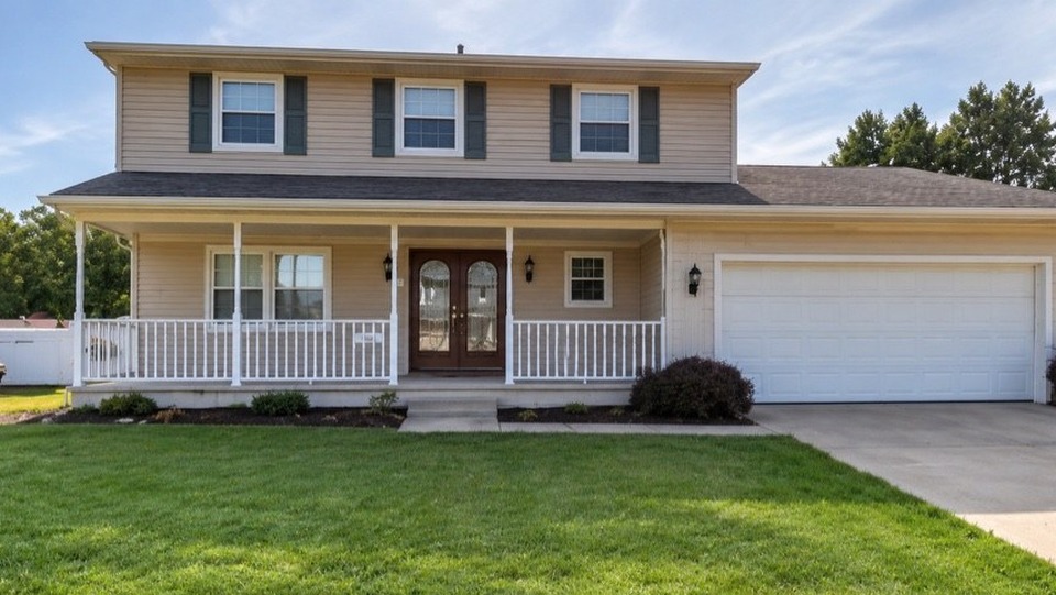Same home before exterior work, with white painted brick and a white garage door